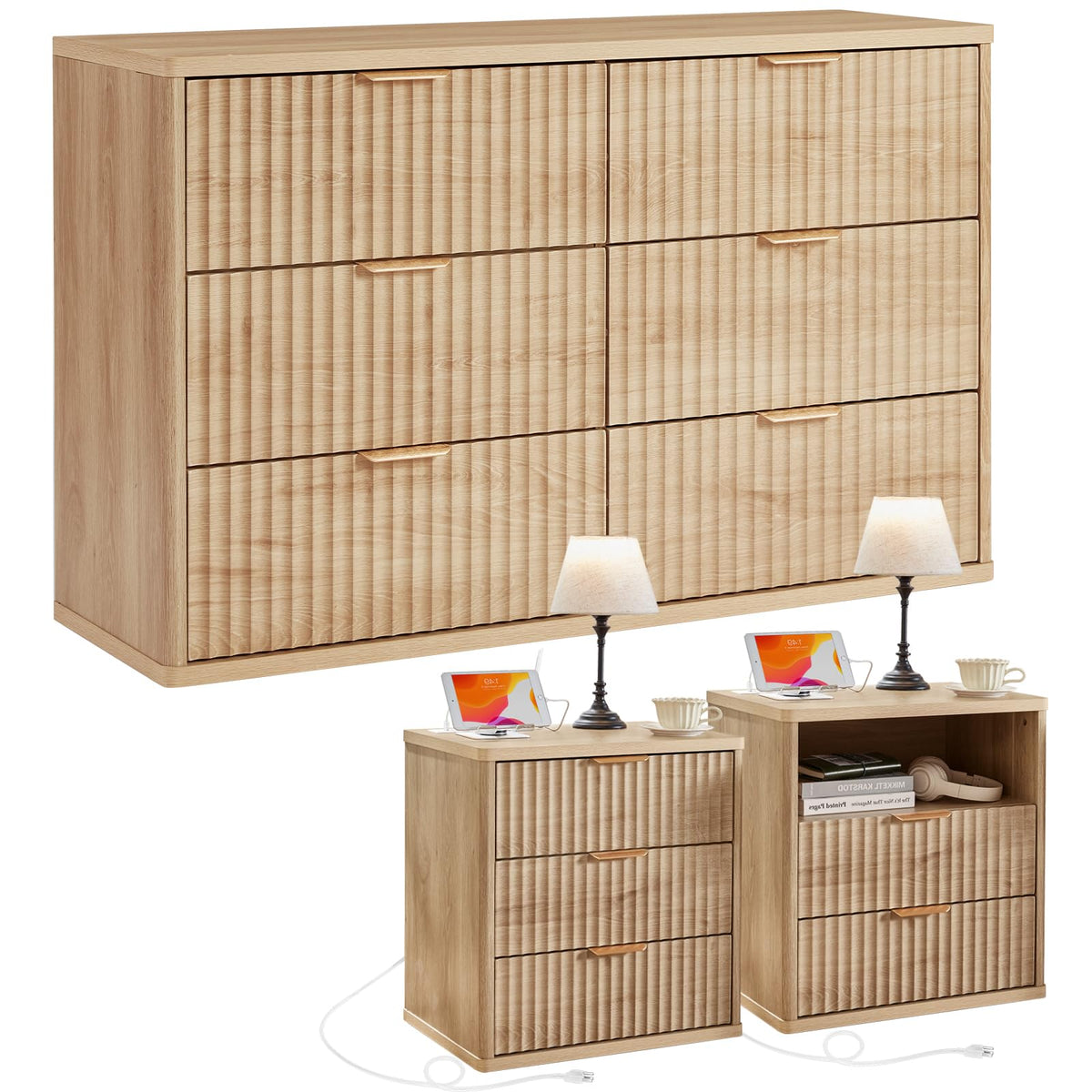 LEYAOYAO 48" Wide Fluted Dresser and 1 Drawers 23" Nightstand Set of 2, Wooden Dresser & Night Stand with Charging Station, 3 Piece Bedroom Furniture Set, Chest of Drawer for Living Room,Antique White