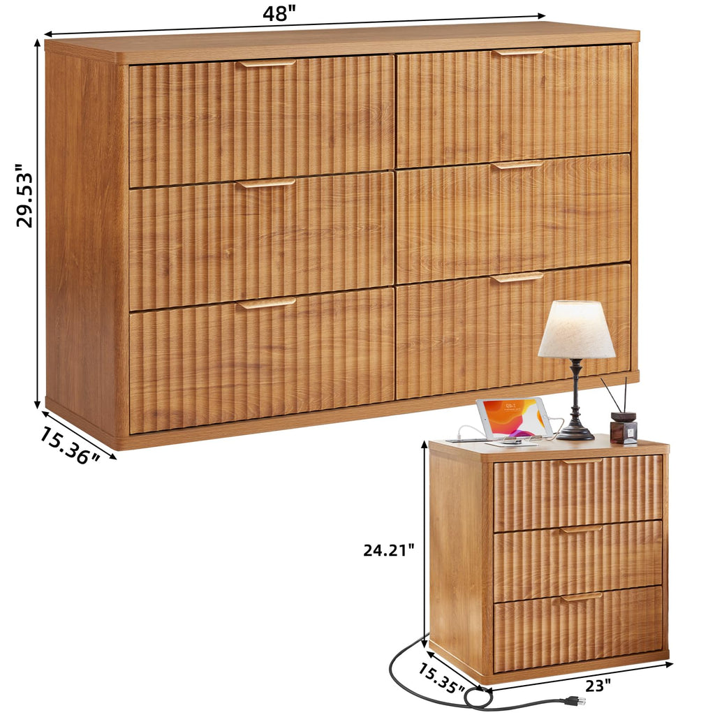 LEYAOYAO Fluted Dresser and Nightstand Sets, Wood 48" Wide Dresser & 23" Night Stand with Charging Station, 2 Piece Bedroom Furniture Set, Chest of Drawers for Bedroom,Living Room, Antique White