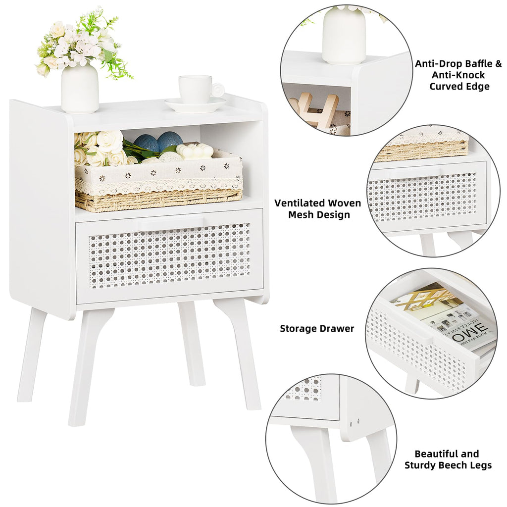 Lerliuo Rattan Nightstand, Boho Side Table with Drawer Open Shelf