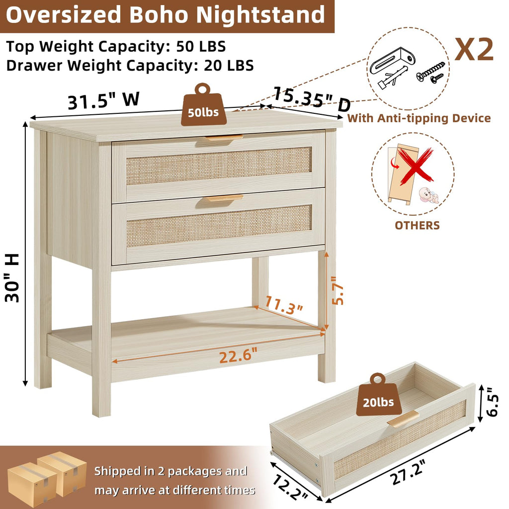LEYAOYAO 26.8" Wide Rattan Nightstands Set of 2, Large Boho Night Stand