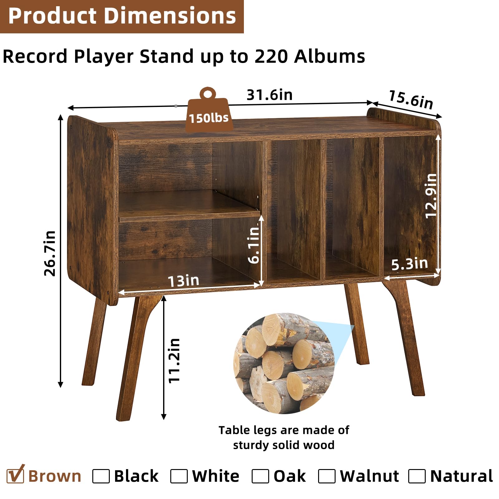 Lerliuo Record Player Stand with 4 Cabinet Holds Up to 220 Albums,Oak