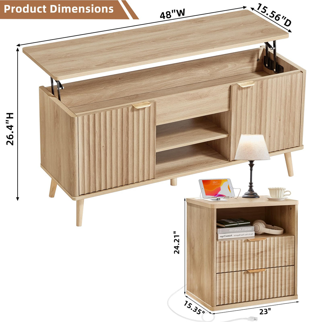 LEYAOYAO Fluted Lift Top Coffee Table and Night Stand Set,Wood 48" Wide Center Tables & 23" with Charging Station Chest of Drawers,Farmhouse Living Room Suites for Bedroom Home,Brown