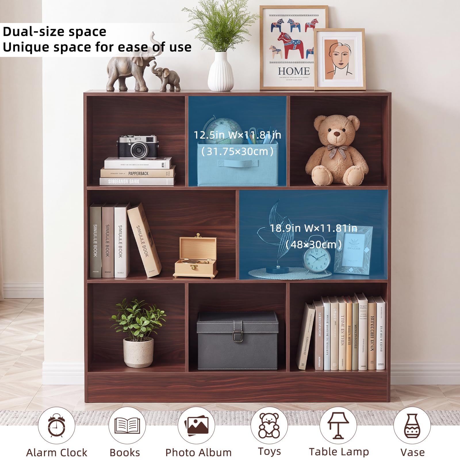 LEYAOYAO 7 Cube Bookshelf with Base,3 Tier Mid-Century Modern Blue Bookcase,Standing Wide Bookshelves Storage Organizer Shelf,Rustic Wood Display Cabinet Book Shelves for Bedroom,Living Room,Office