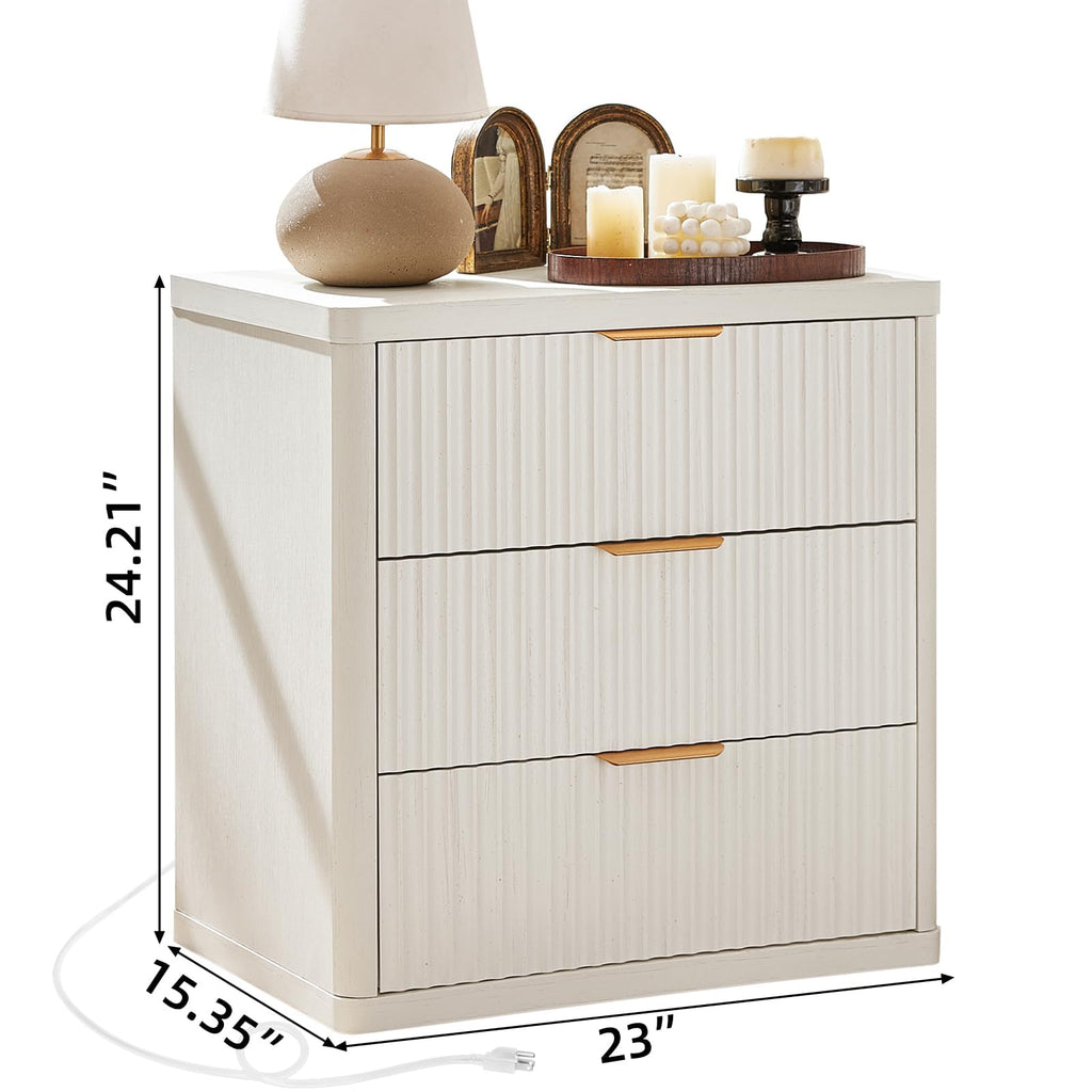 LEYAOYAO 23" Wide Fluted Night Stand with Charging Station, 3 Drawers Large End Table with Storage, LightGrey Nightstand Wood Bedside Tables, Farmhouse Cabinet Dresser for Bedroom, Closet