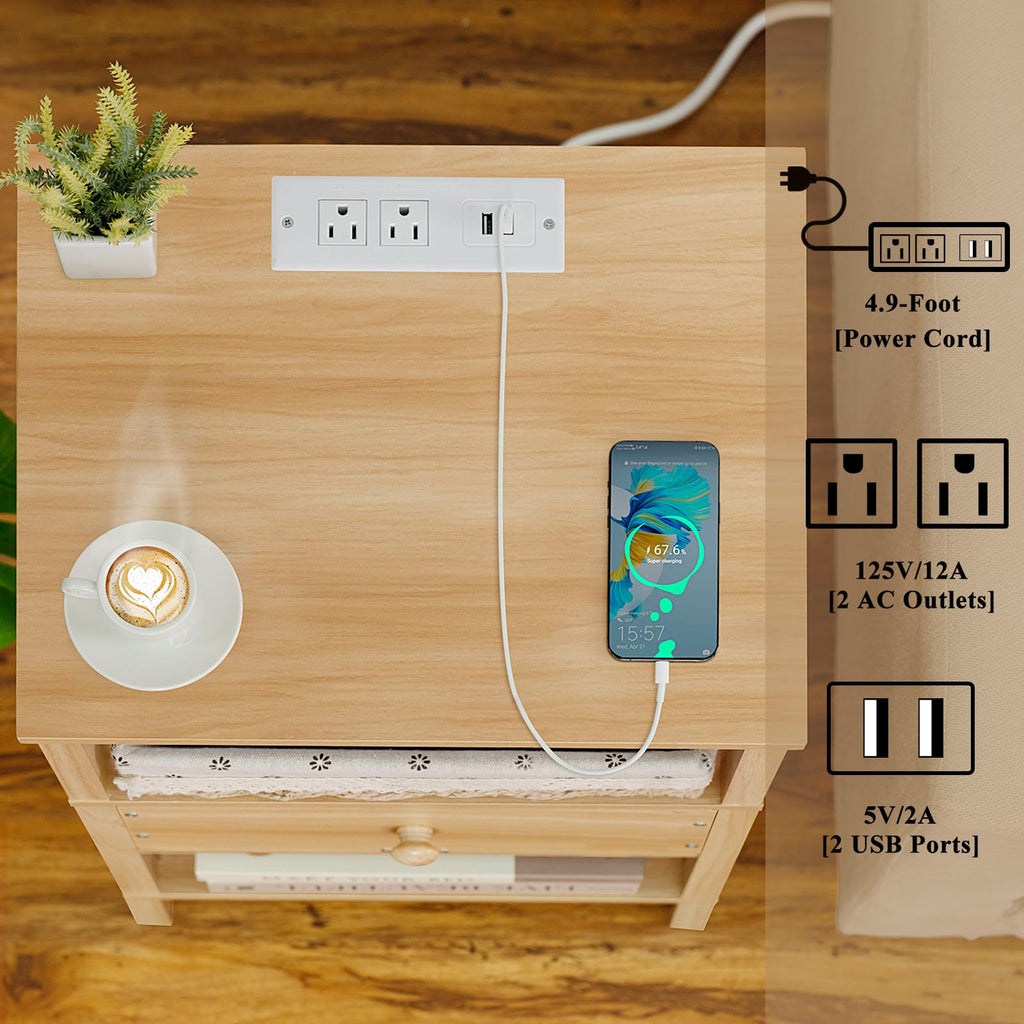 Lerliuo Nightstand with Charging Station and USB Ports, 3-Tier Storage End Table with Drawer Shelf, Night Stand for Small Spaces, Wood Bedside Table for Living Room, Bedroom - Retro Brown…