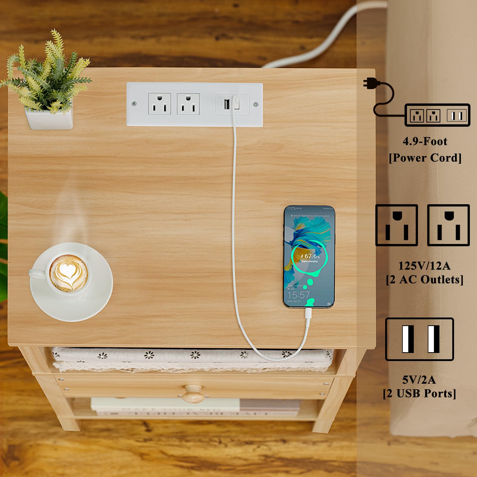 Lerliuo Nightstand with Charging Station and USB Ports, 3-Tier Storage End Table with Drawer Shelf, Night Stand for Small Spaces, Wood Bedside Table for Living Room, Bedroom - Retro Brown…