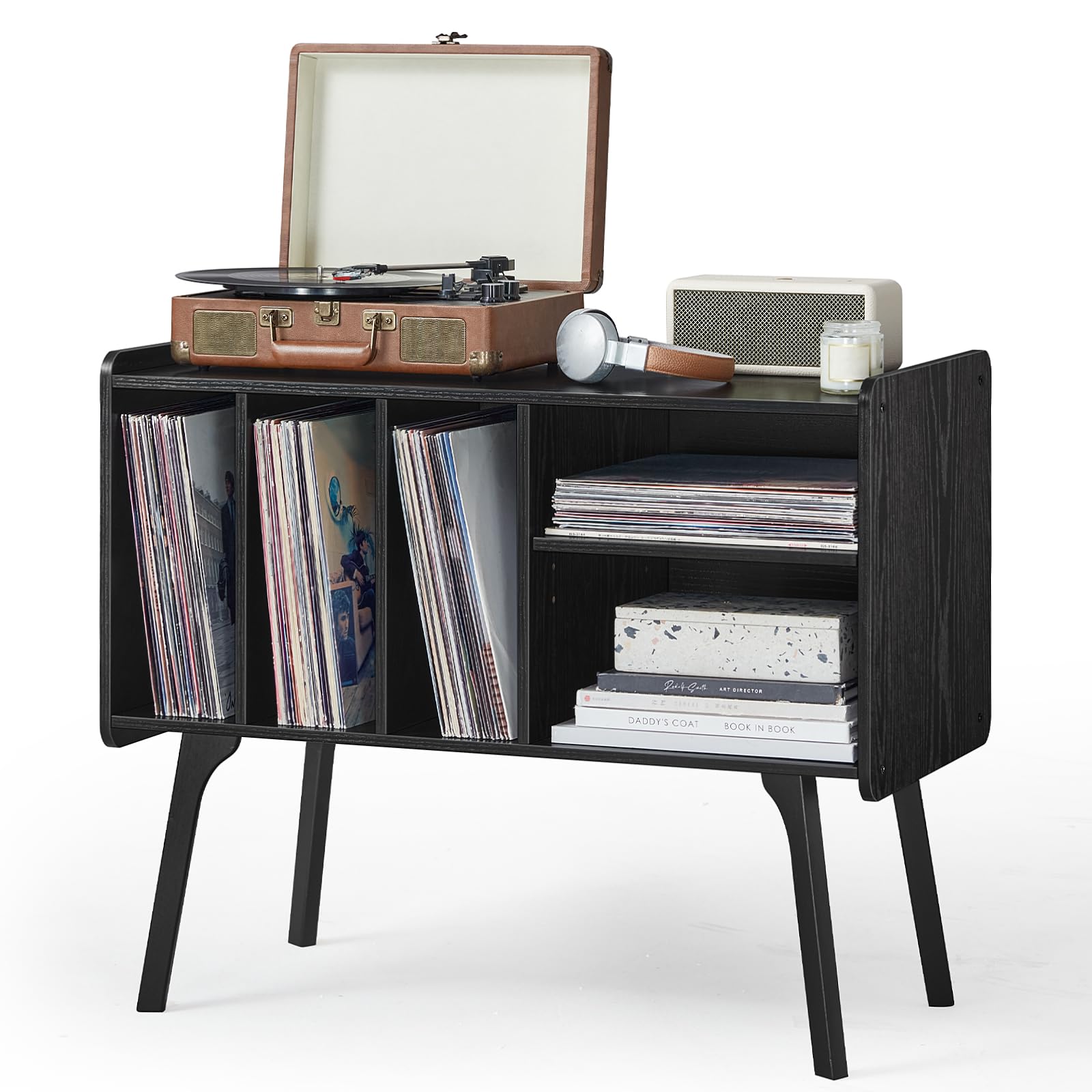 Lerliuo Record Player Stand with 4 Cabinet Holds Up to 220 Albums,Oak