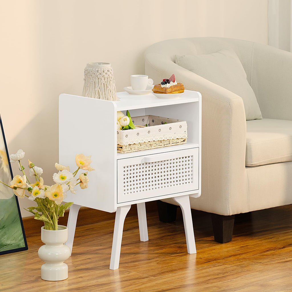 Lerliuo Rattan Nightstand, Boho Side Table with Drawer Open Shelf