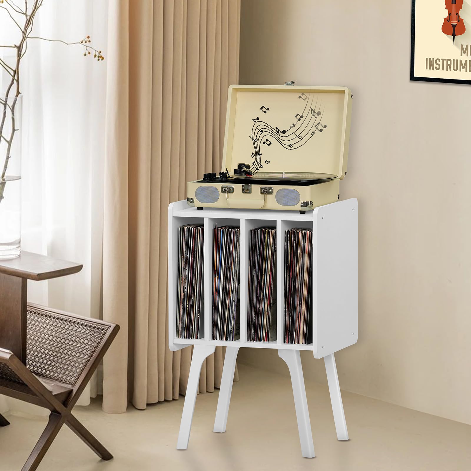 Lerliuo Record Player Stand with Storage Holds Up to 80 Albums, Turntable Stand with Beech Wood Legs, Mid-Century Record Player Table,Black Vinyl Holder Display Shelf for Bedroom Living Room