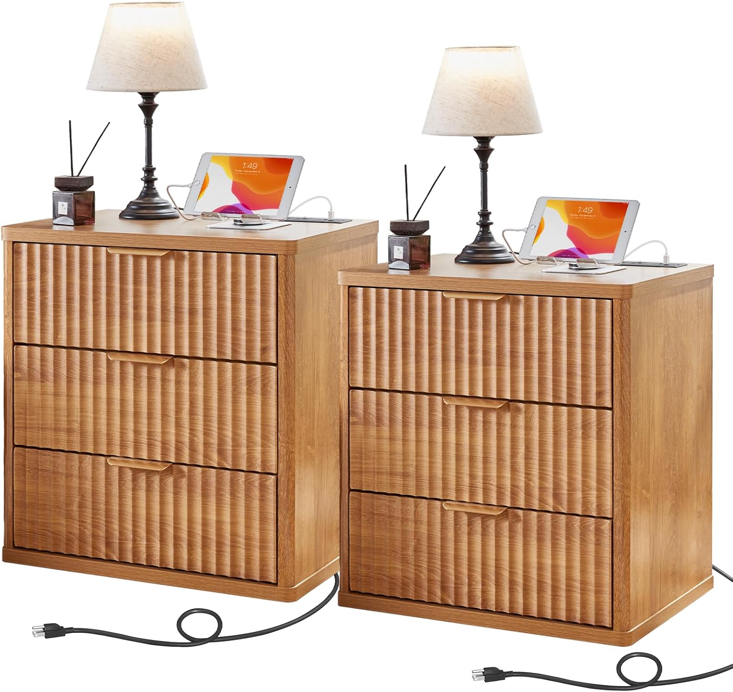 LEYAOYAO 23" Wide Fluted Night Stand with Charging Station, 3 Drawers Large End Table with Storage, Natural Nightstand Wood Bedside Tables, Farmhouse Cabinet Dresser for Bedroom, Closet