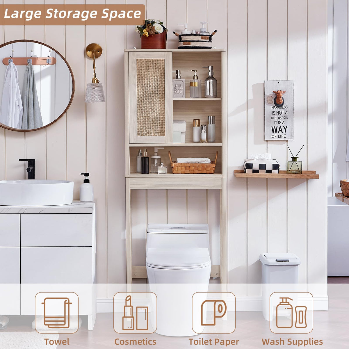 LEYAOYAO 68" Boho Over the Toilet Storage Cabinet with Rattan Sliding Door