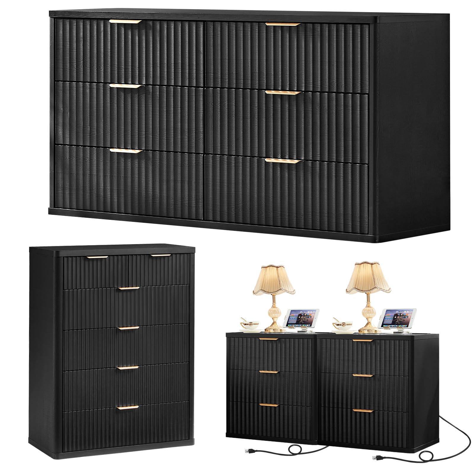 LEYAOYAO Fluted Dressers & Nightstand Set of 4, Wood 48" Wide Dresser & 42" Tall Chest of Drawers,Modern Bedroom Furniture Sets, Natural Wooden Nightstand Set of 2 with 3 Drawers & Charging Station