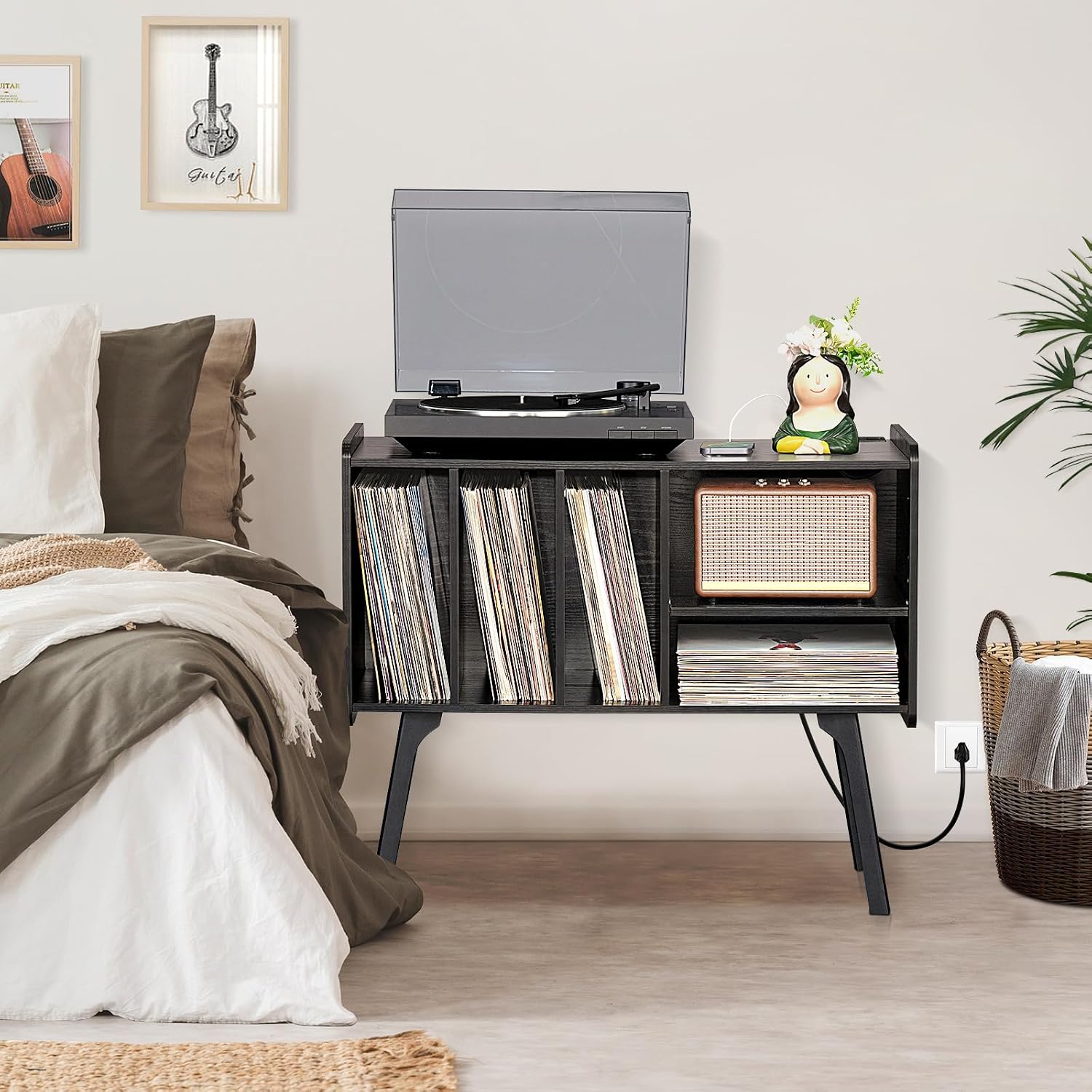 Lerliuo Record Player Stand with Charging Station Up to 220 Albums,Black