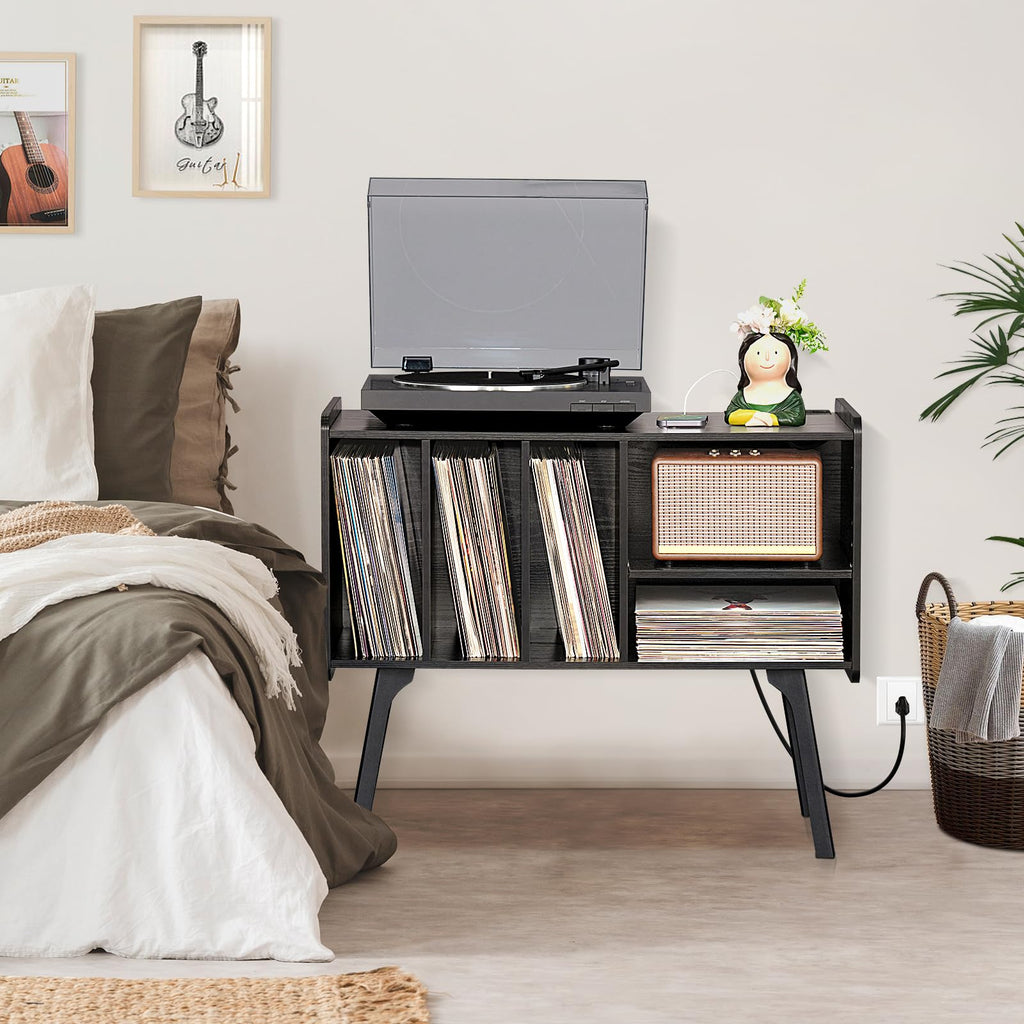 Lerliuo Record Player Stand with Charging Station Up to 220 Albums,Black