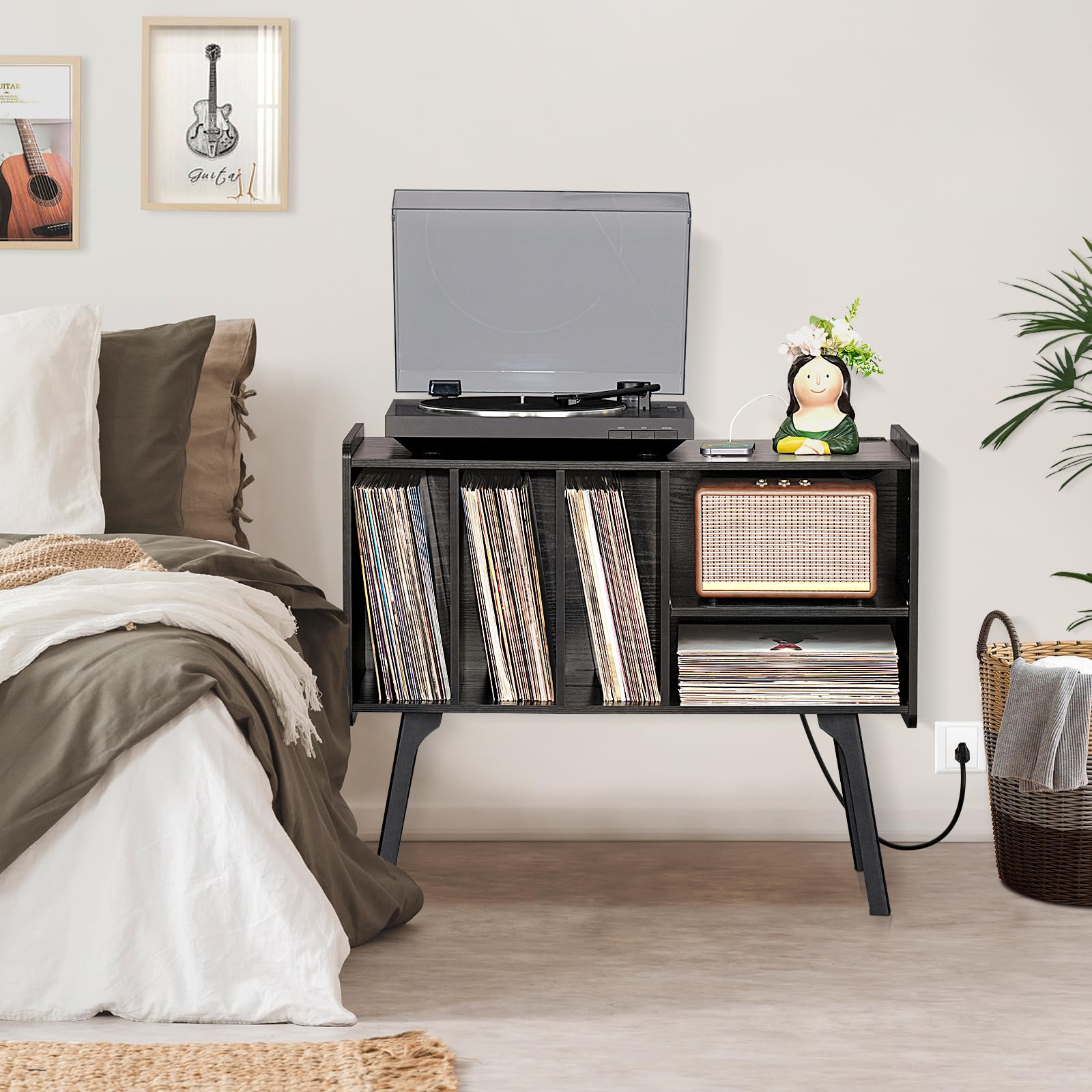 Lerliuo Record Player Stand with Charging Station Up to 220 Albums,Black