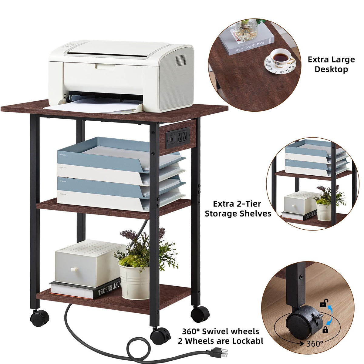 Lerliuo 3-Tier Printer Stand, Industrial Mobile Printer Table with Storage Shelf and Steel Frame, Rolling Printer Cart Holder with Lockable Wheels for Home, Office (White)