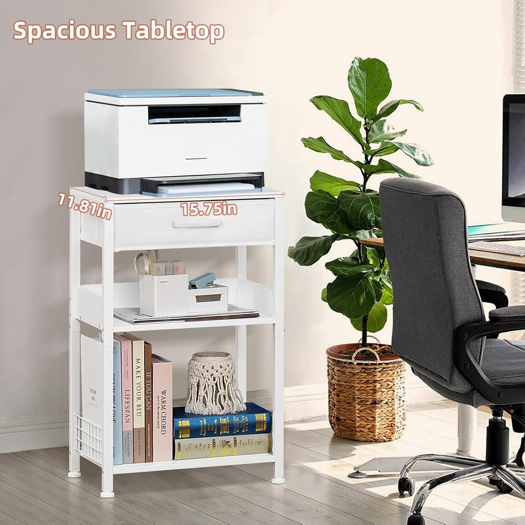 Lerliuo Printer Stand with Storage, 3-Tier Printer Table with Drawer, White