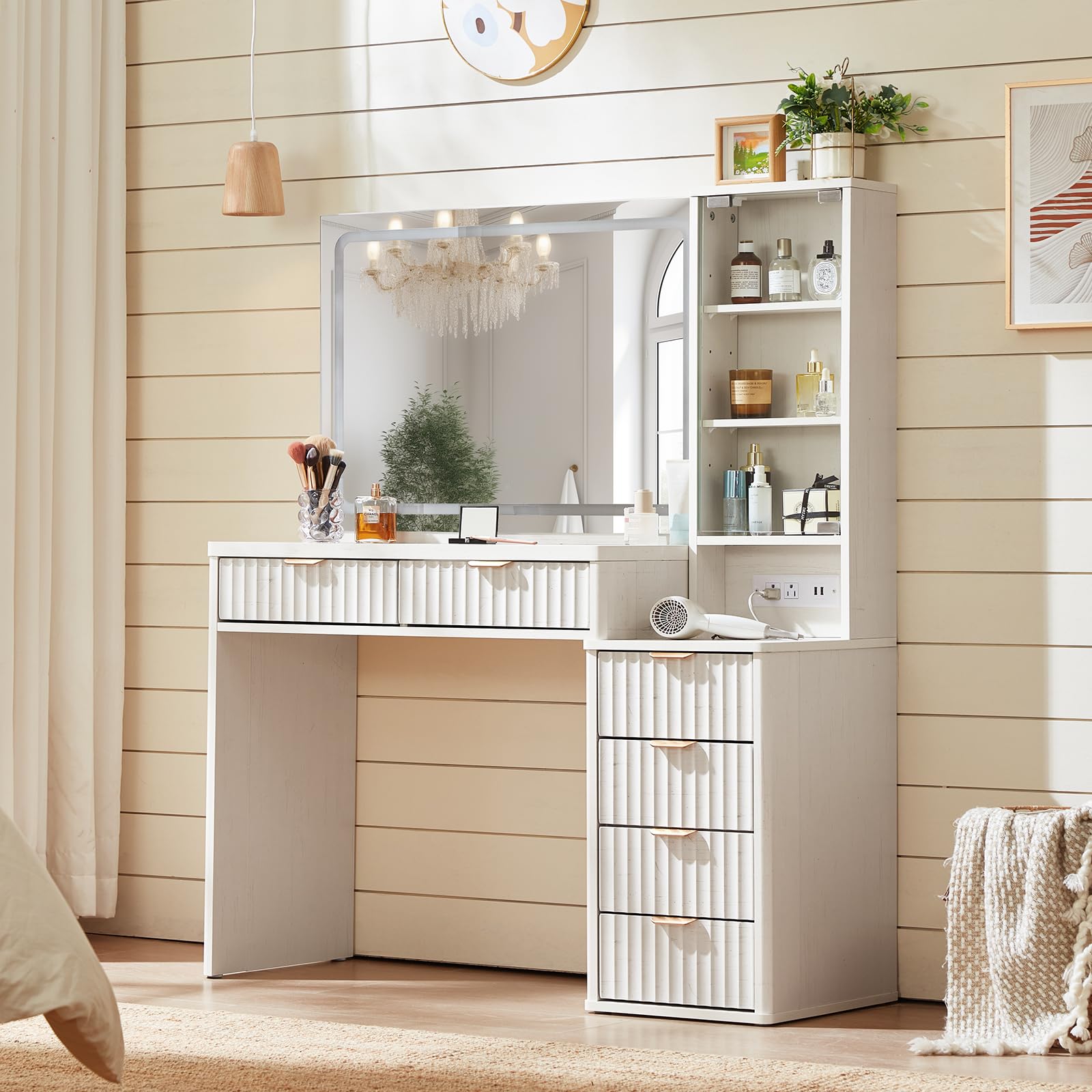 LEYAOYAO Vanity Mirror with Lights and Night Stand Sets, 43.5" Fluted Makeup Vanity with 6 Drawers and Power Outlet, 3 Drawers 23" End Side Table, Natural Wood Makeup Table Bedroom Furniture Set of 2