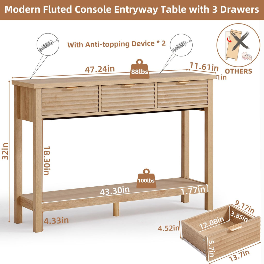 LEYAOYAO 47.2" Fluted Console Table with 3 Drawers, Blue Entryway Table
