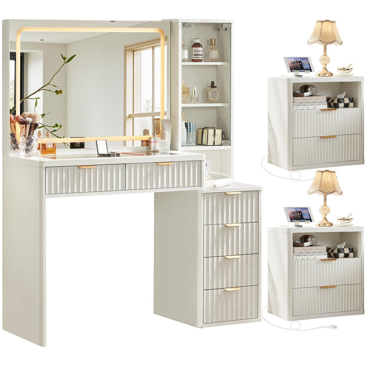 LEYAOYAO Vanity Mirror with Lights and Night Stand Sets, 43.5" Fluted Makeup Vanity with 6 Drawers and Power Outlet, 3 Drawers 23" End Side Table, Natural Wood Makeup Table Bedroom Furniture Set of 2