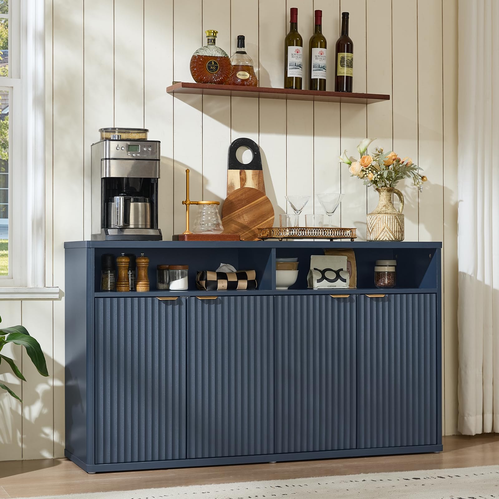LEYAOYAO 45-Inch Fluted Buffet Cabinet with 3 Doors,Dark Blue