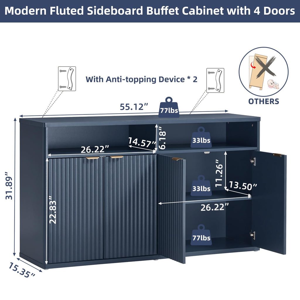 LEYAOYAO 45-Inch Fluted Buffet Cabinet with 3 Doors,Dark Blue