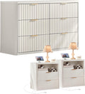 LEYAOYAO 48" Wide Fluted Dresser and 2 Drawers 23" Nightstand Set of 2, Wooden Dresser & Night Stand with Charging Station, 3 Piece Bedroom Furniture Set, Chest of Drawer for Living Room,Antique White