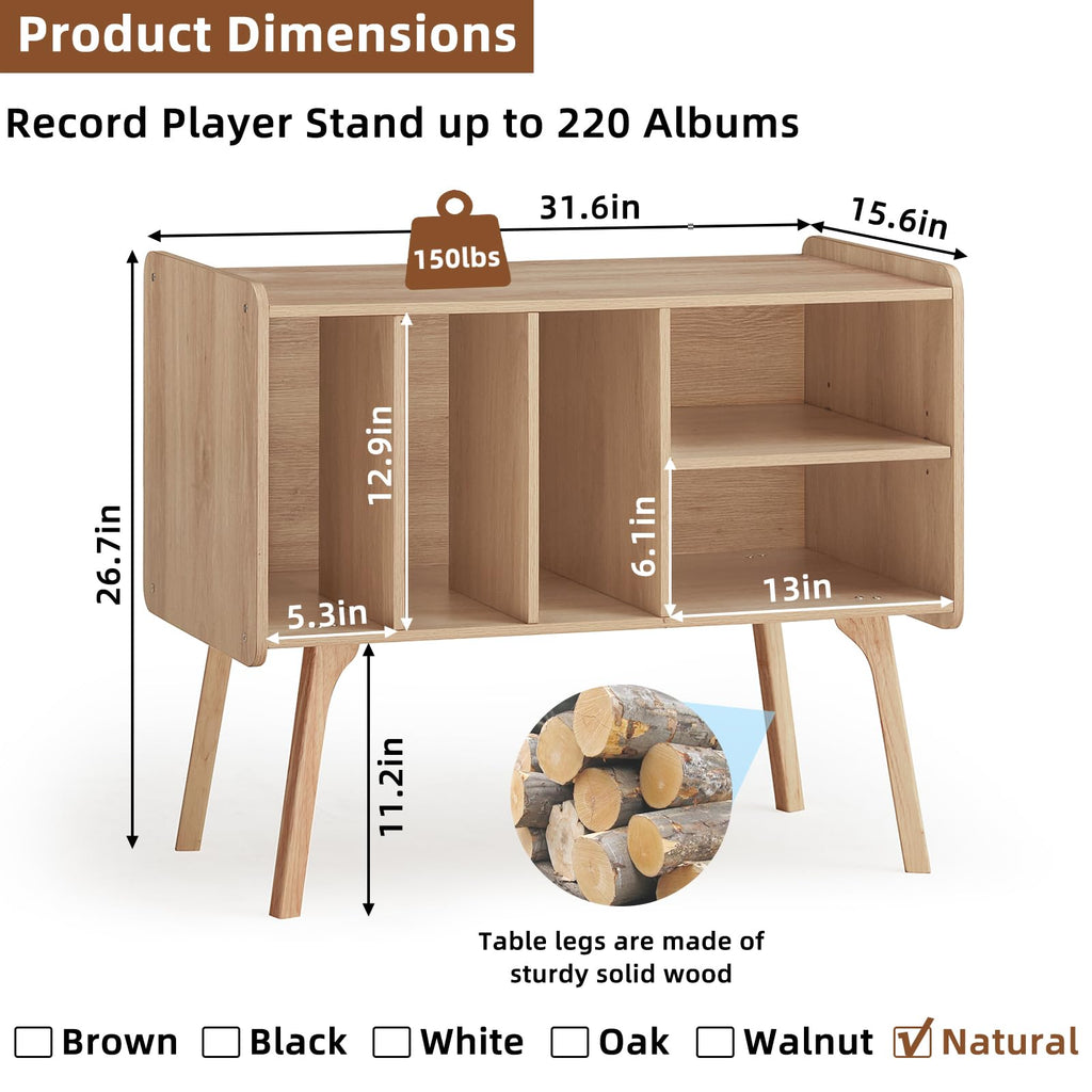 Lerliuo Record Player Stand with 4 Cabinet Holds Up to 220 Albums,Oak
