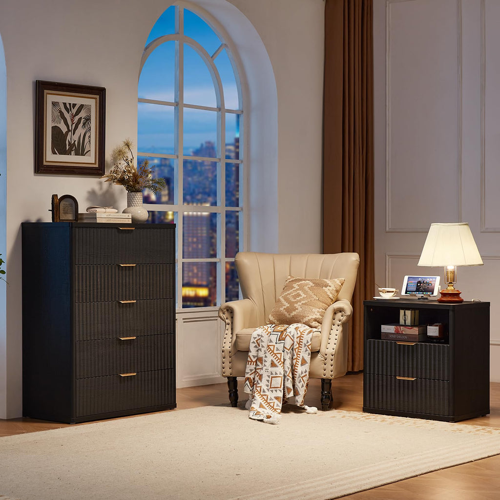 LEYAOYAO Fluted Dressers & Nightstand Set of 4, Wood 48" Wide Dresser & 42" Tall Chest of Drawers,Modern Bedroom Furniture Sets, Black Wooden Nightstand Set of 2 with 2 Drawers & Charging Station