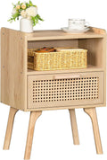 Lerliuo Rattan Nightstand, Boho Side Table with Drawer Open Shelf