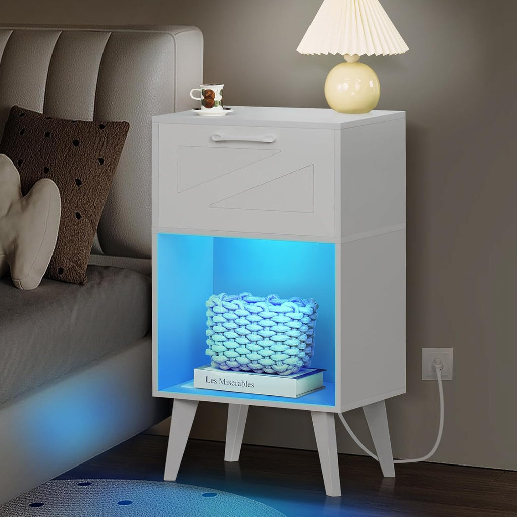 Lerliuo Nightstand with Charging Station and Led Lights,Modern Beside Table with Drawer and Open Storage Shelf,Night Stand with USB Ports and Outlets,White Wood Side Table for Bedroom