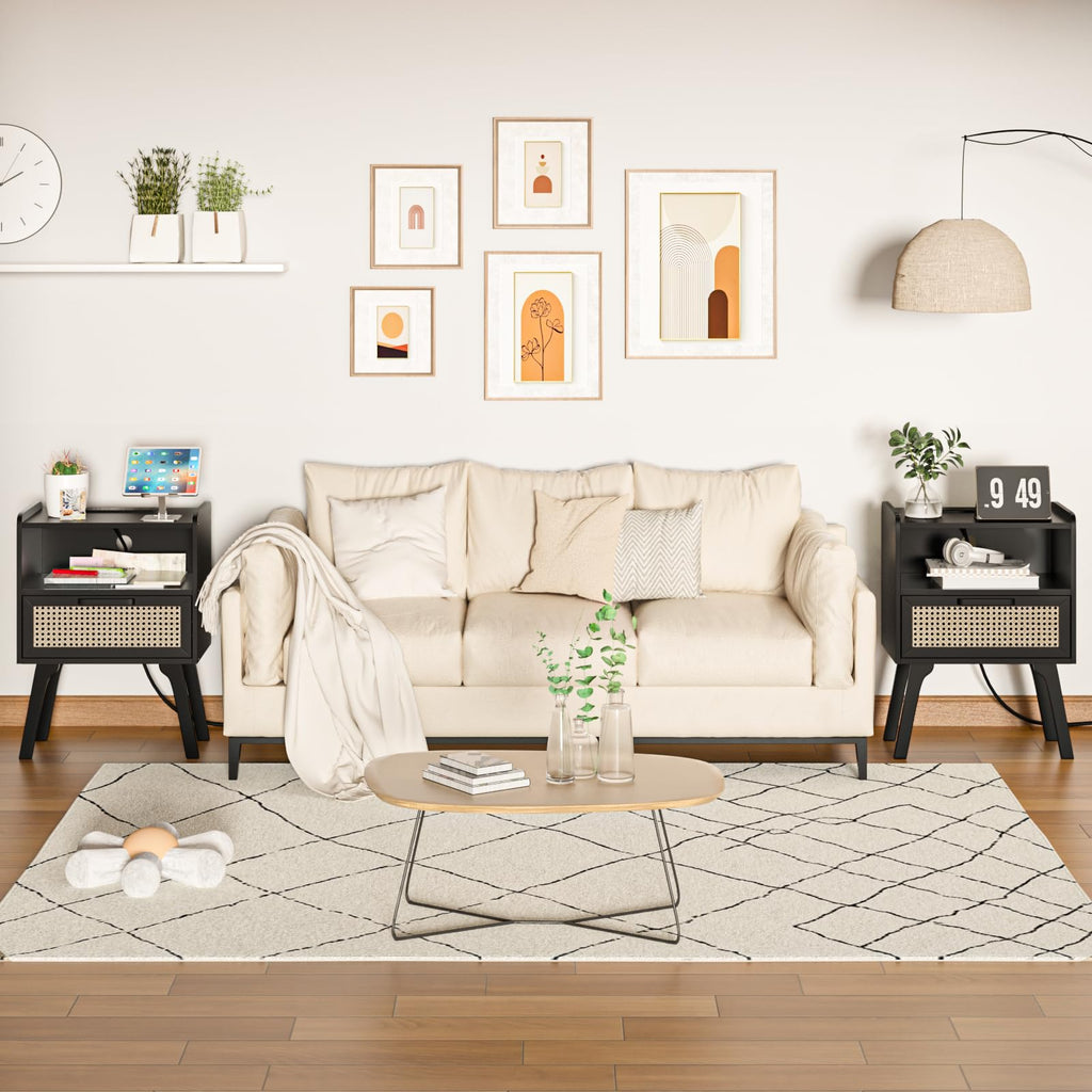 Lerliuo Rattan Nightstand with Charging Station, Boho Night Stand