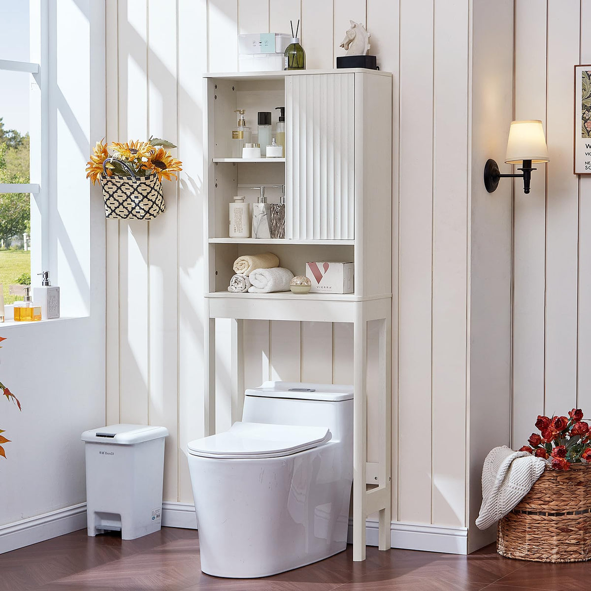 LEYAOYAO 68" Modern Fluted Over The Toilet Storage Cabinet, a Sliding Door