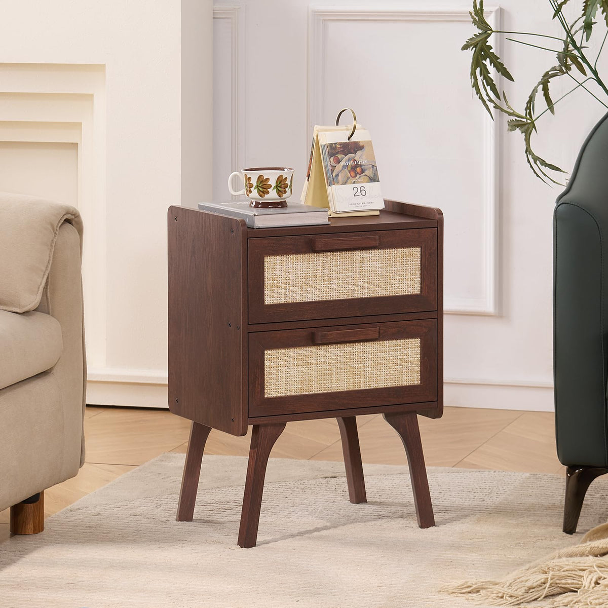 Lerliuo Rattan Nightstands Set of 2 for Bedroom, 2 Drawers