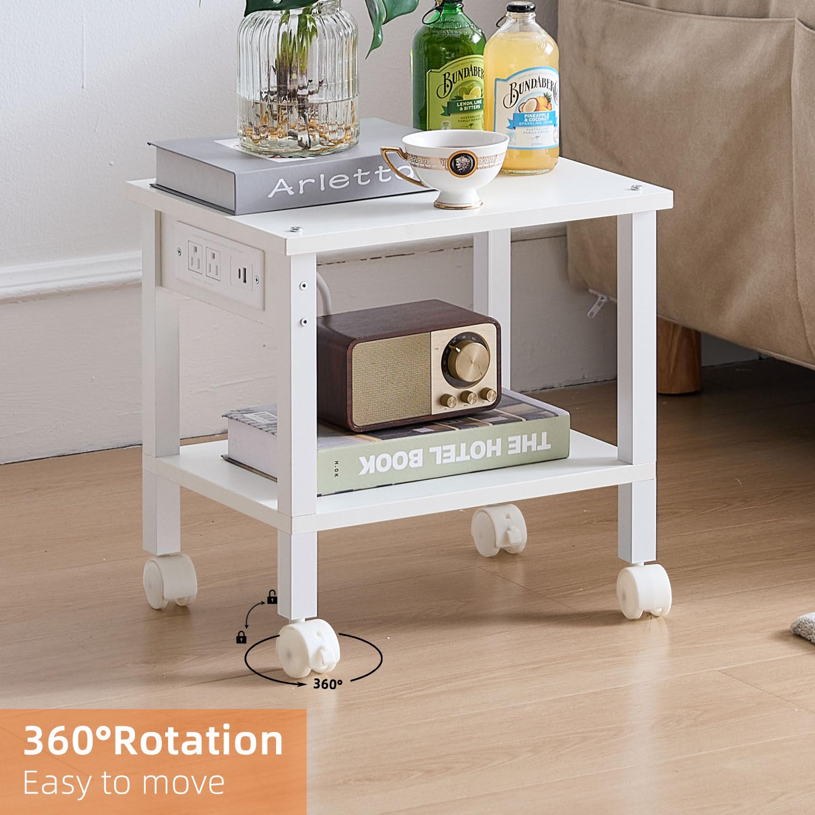 Lerliuo Under Desk Printer Stand with Charging Station, 2 Tier Wooden Small Printer Table with Storage, Rolling Printer Cart Shelf with Lockable Wheels for Home, Office (Brown)