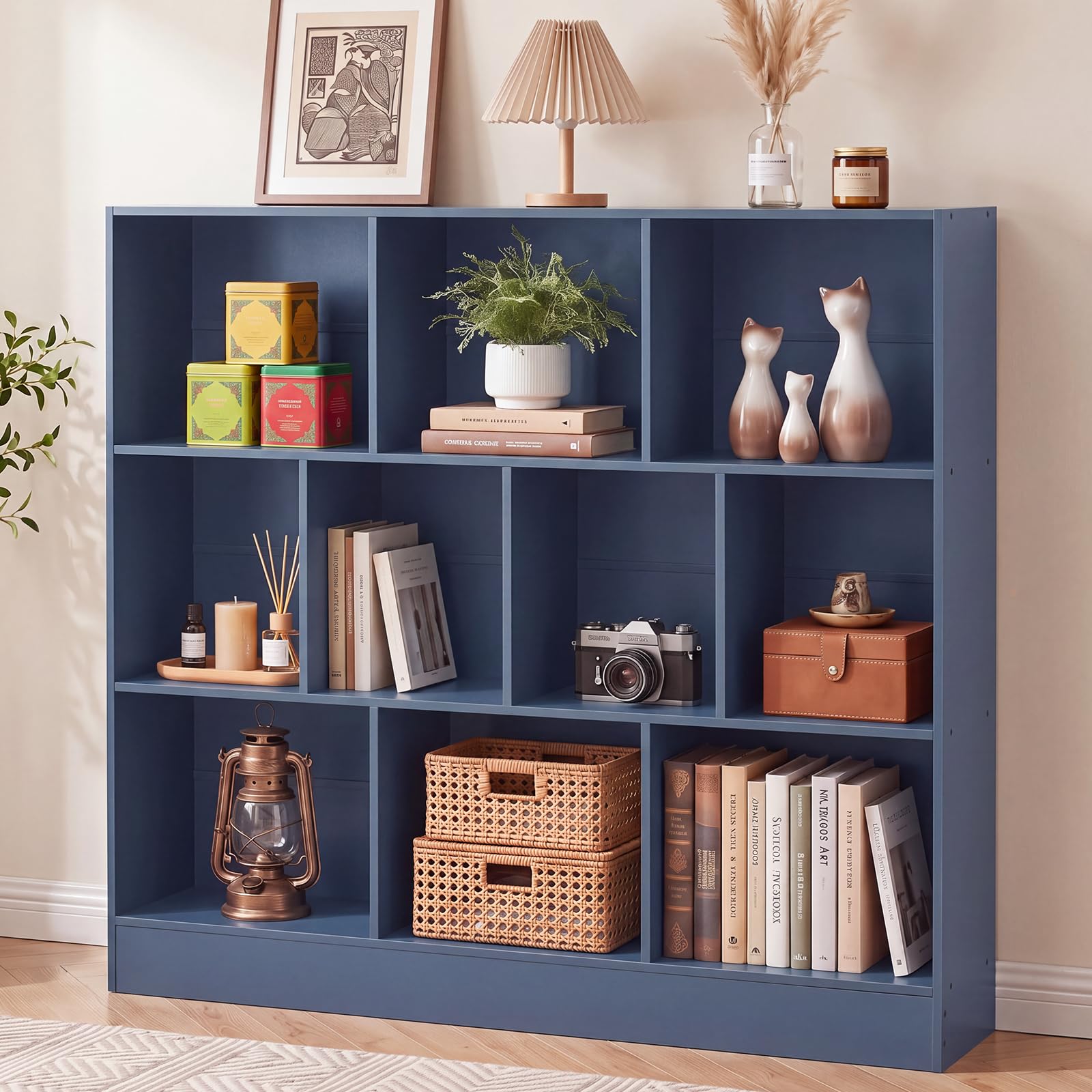 LEYAOYAO 7 Cube Bookshelf with Base,3 Tier Mid-Century Modern Blue Bookcase,Standing Wide Bookshelves Storage Organizer Shelf,Rustic Wood Display Cabinet Book Shelves for Bedroom,Living Room,Office