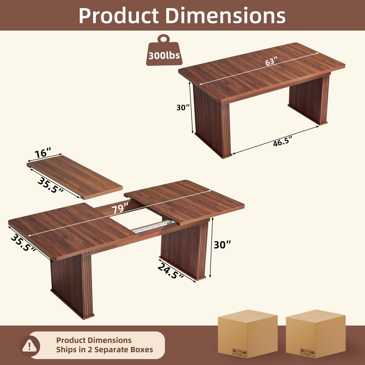 LEYAOYAO Extendable Dining Table for 4-6,63"–79" with Fluted Base(Brown)