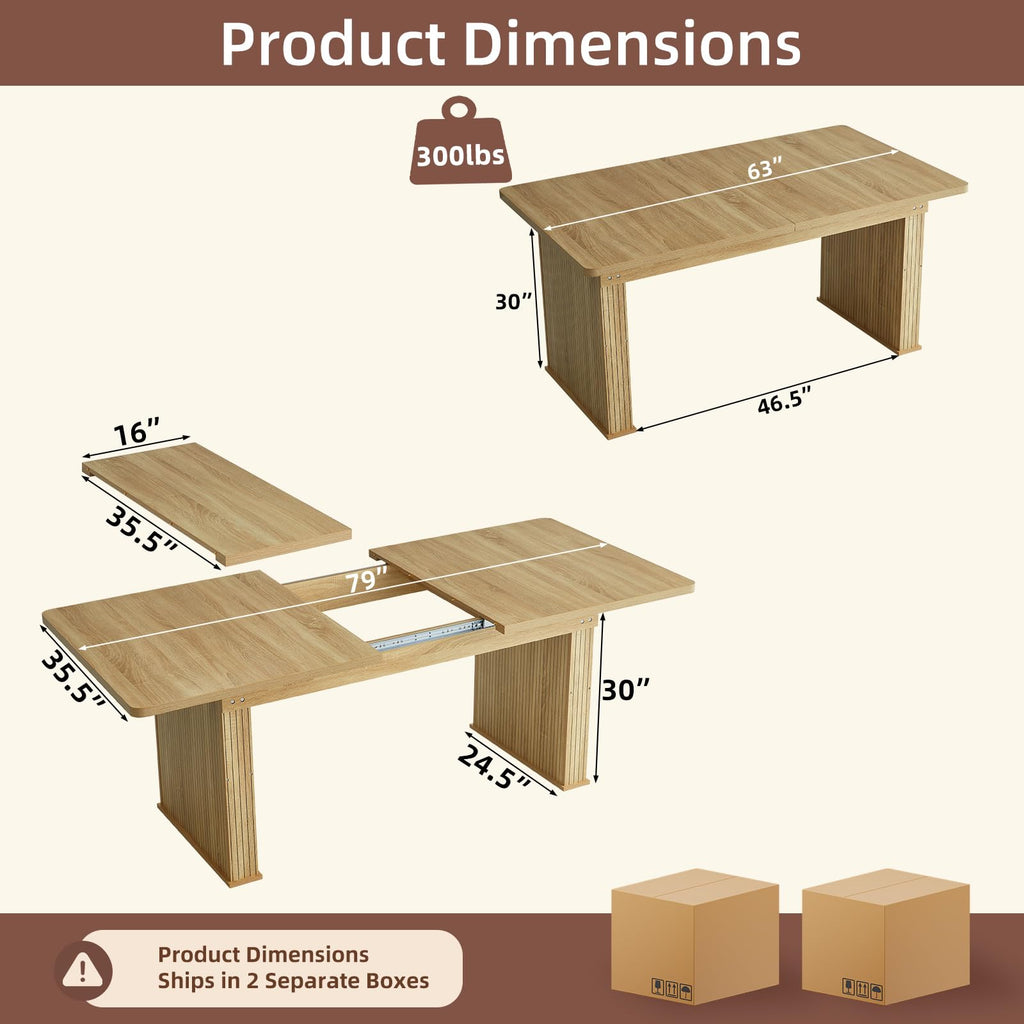 LEYAOYAO Extendable Dining Table for 4-6,63"–79" with Fluted Base(Brown)