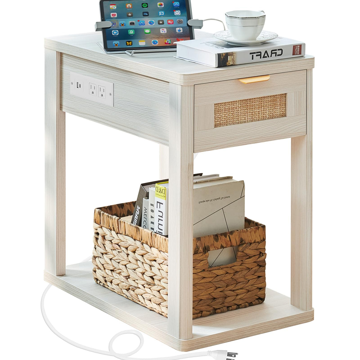 LEYAOYAO Narrow Side Table with Charging Station, Rattan 24 x 14''