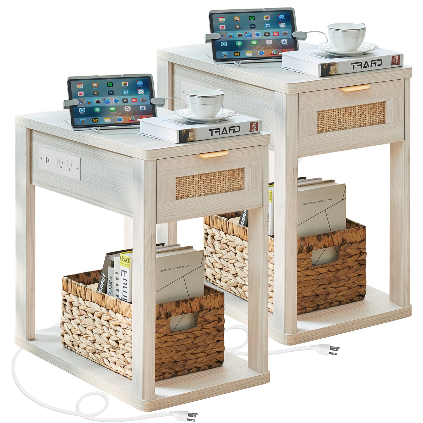 LEYAOYAO Narrow Side Table with Charging Station, Rattan 24 x 14''