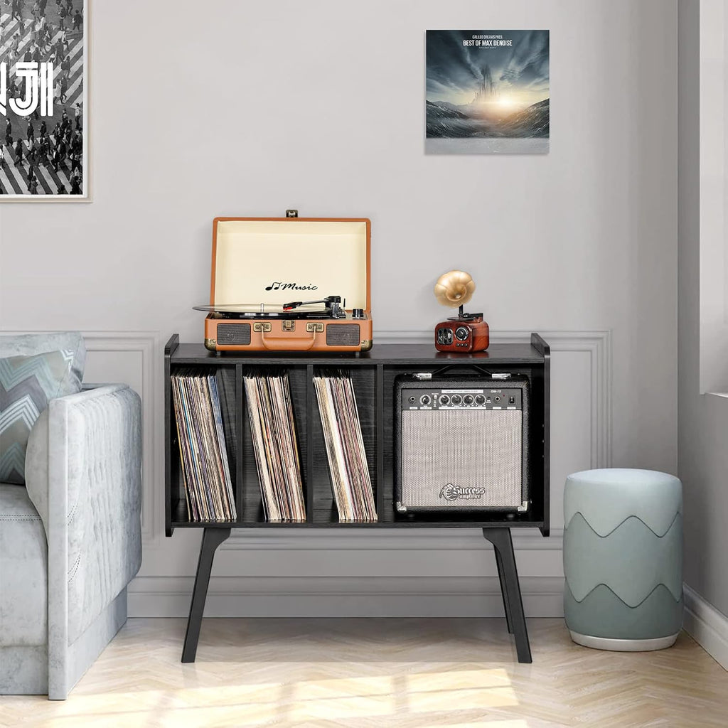 Lerliuo Record Player Stand with 4 Cabinet Holds Up to 220 Albums, Large Black Turntable Stand with Beech Wood Legs, Mid-Century Record Player Table, Vinyl Holder Storage Shelf for Bedroom Living Room
