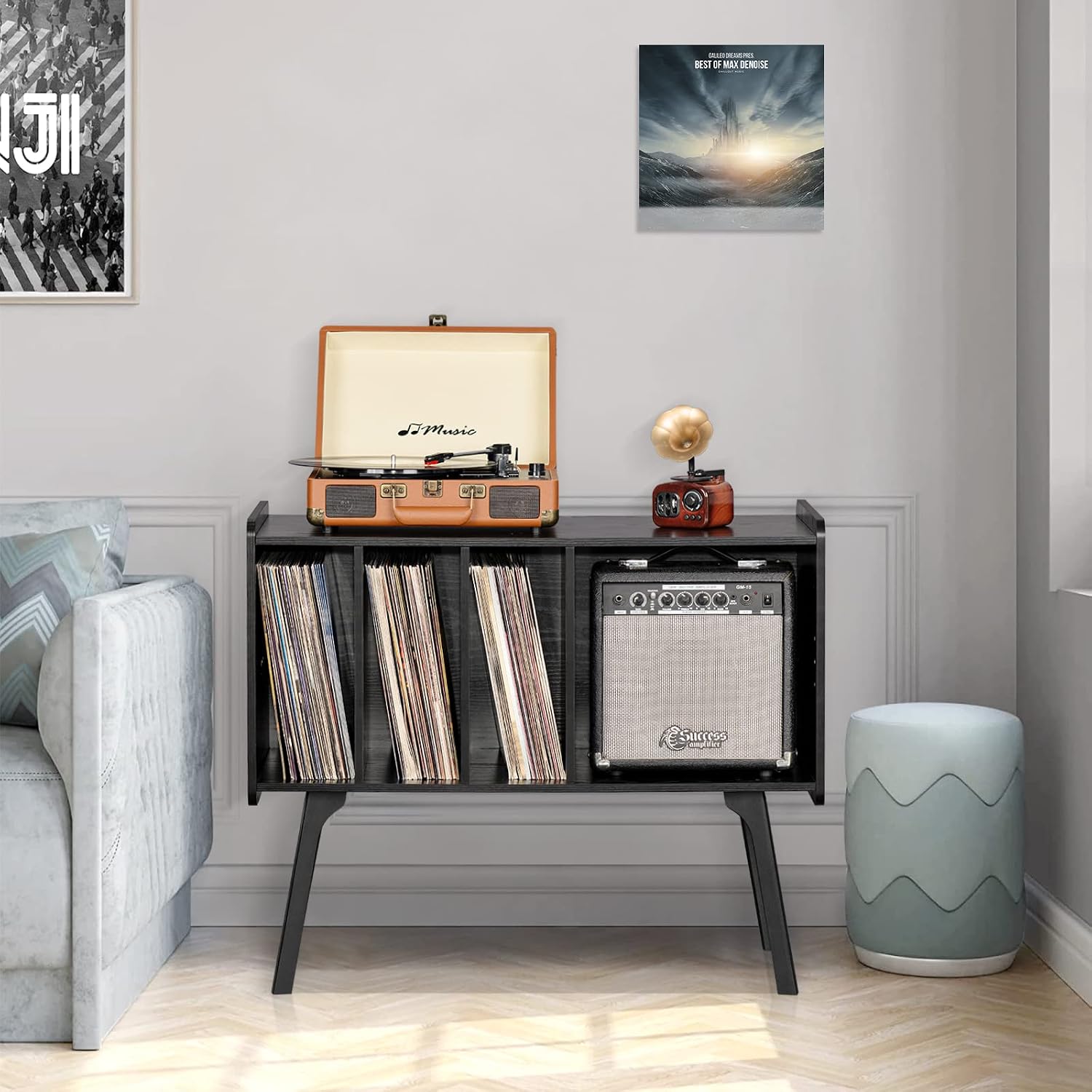 Lerliuo Record Player Stand with 4 Cabinet Holds Up to 220 Albums, Large Black Turntable Stand with Beech Wood Legs, Mid-Century Record Player Table, Vinyl Holder Storage Shelf for Bedroom Living Room