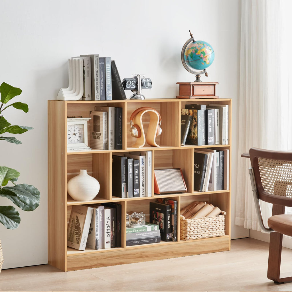 LEYAOYAO 7 Cube Bookshelf with Base,3 Tier Mid-Century Modern Blue Bookcase,Standing Wide Bookshelves Storage Organizer Shelf,Rustic Wood Display Cabinet Book Shelves for Bedroom,Living Room,Office