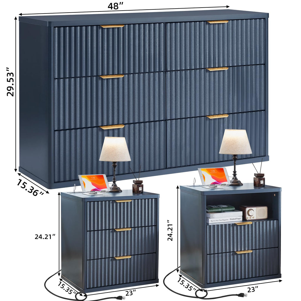 LEYAOYAO 48" Wide Fluted Dresser and 1 Drawers 23" Nightstand Set of 2, Wooden Dresser & Night Stand with Charging Station, 3 Piece Bedroom Furniture Set, Chest of Drawer for Living Room,Antique White