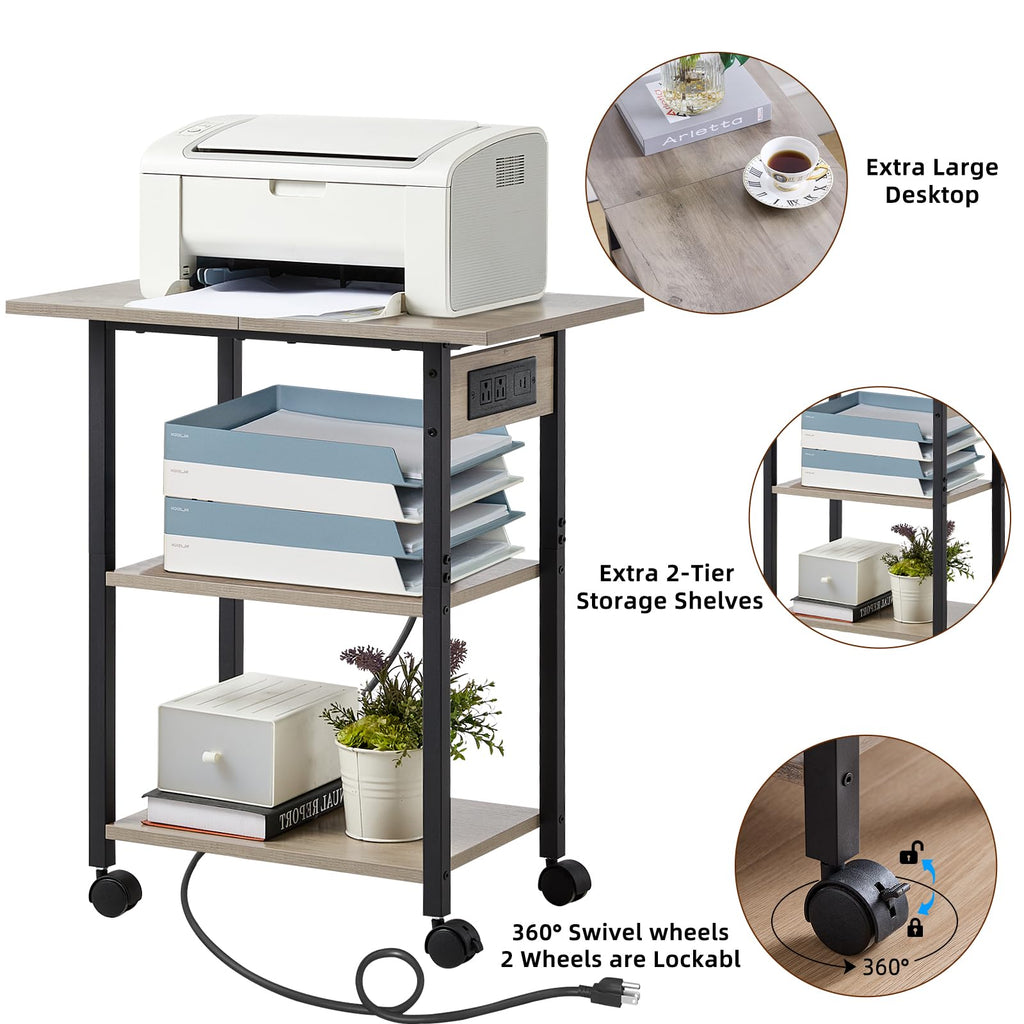 Lerliuo 3-Tier Printer Stand, Industrial Mobile Printer Table with Storage Shelf and Steel Frame, Rolling Printer Cart Holder with Lockable Wheels for Home, Office (White)