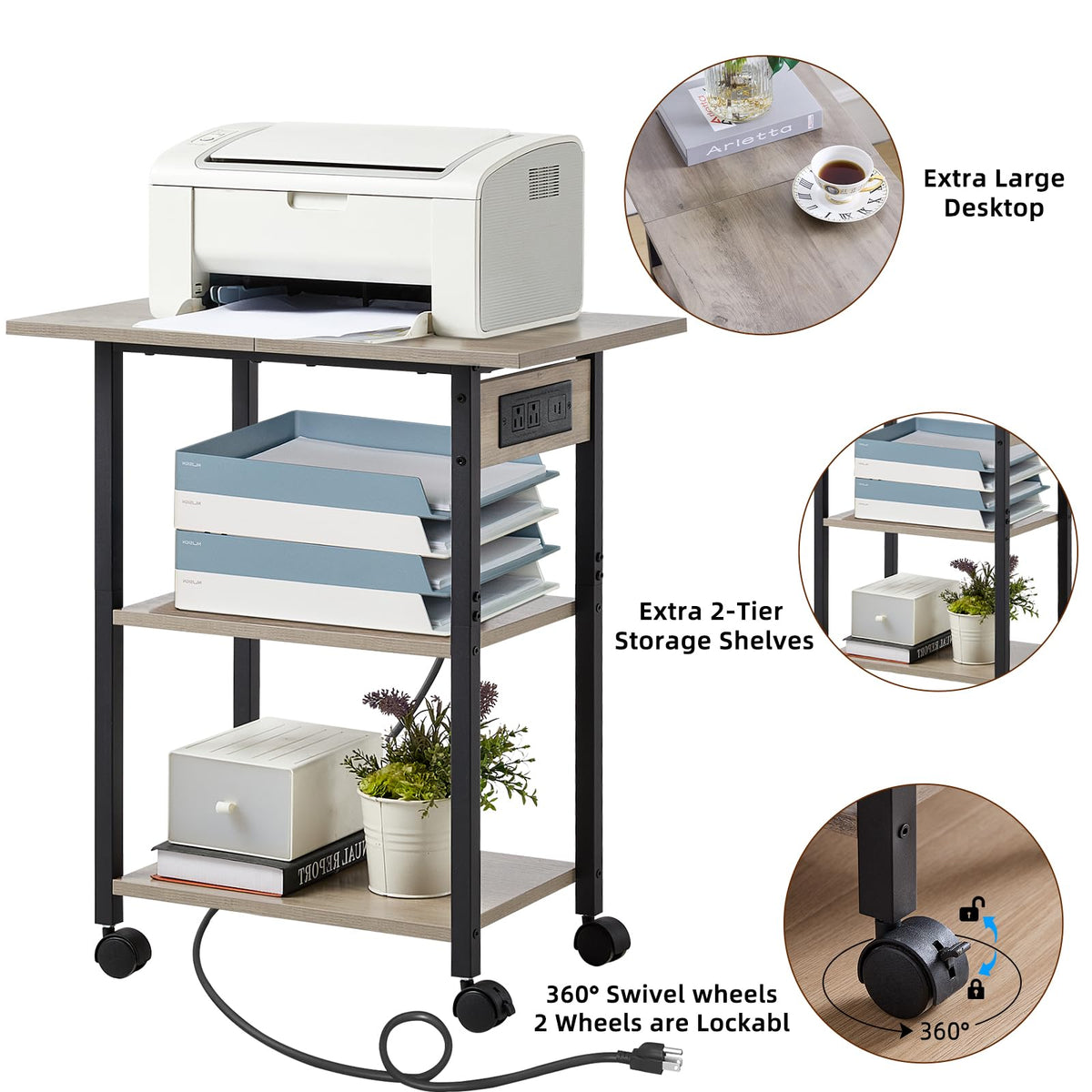 Lerliuo 3-Tier Printer Stand, Industrial Mobile Printer Table with Storage Shelf and Steel Frame, Rolling Printer Cart Holder with Lockable Wheels for Home, Office (White)