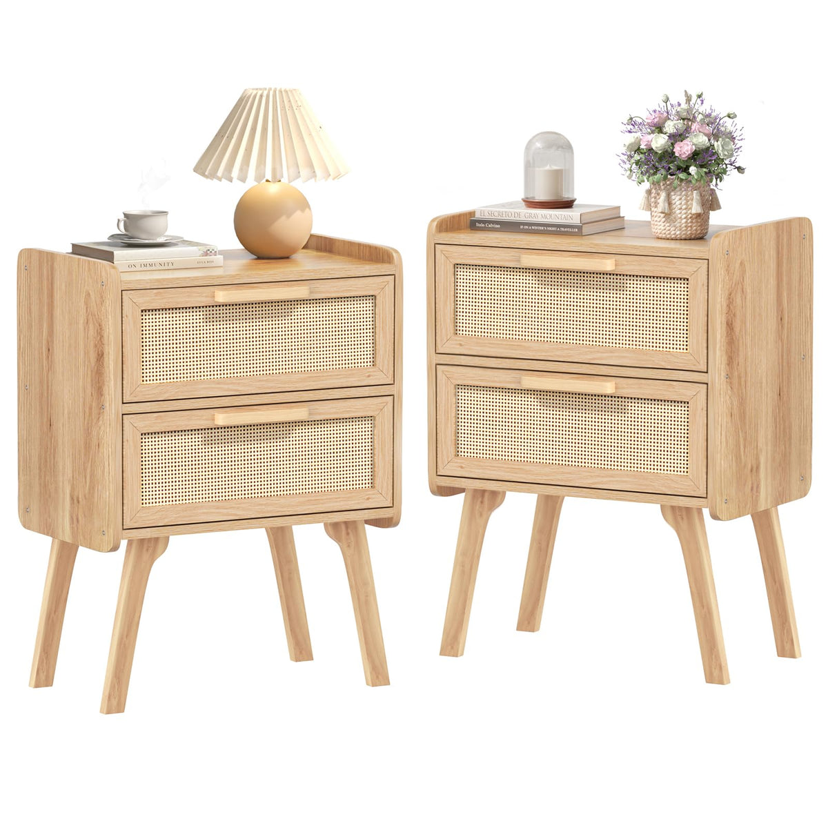 Lerliuo Rattan Nightstands Set of 2 for Bedroom, 2 Drawers