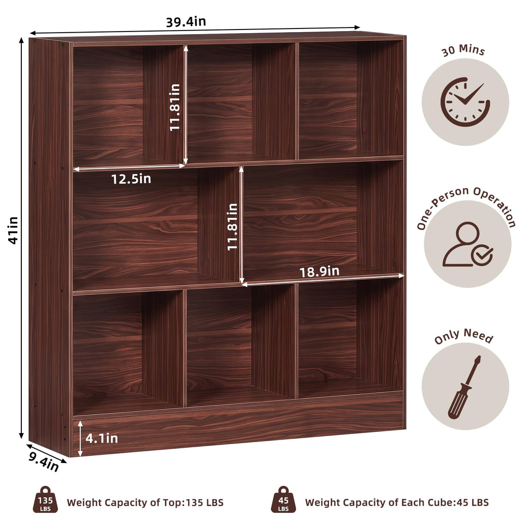 LEYAOYAO 7 Cube Bookshelf with Base,3 Tier Mid-Century Modern Blue Bookcase,Standing Wide Bookshelves Storage Organizer Shelf,Rustic Wood Display Cabinet Book Shelves for Bedroom,Living Room,Office