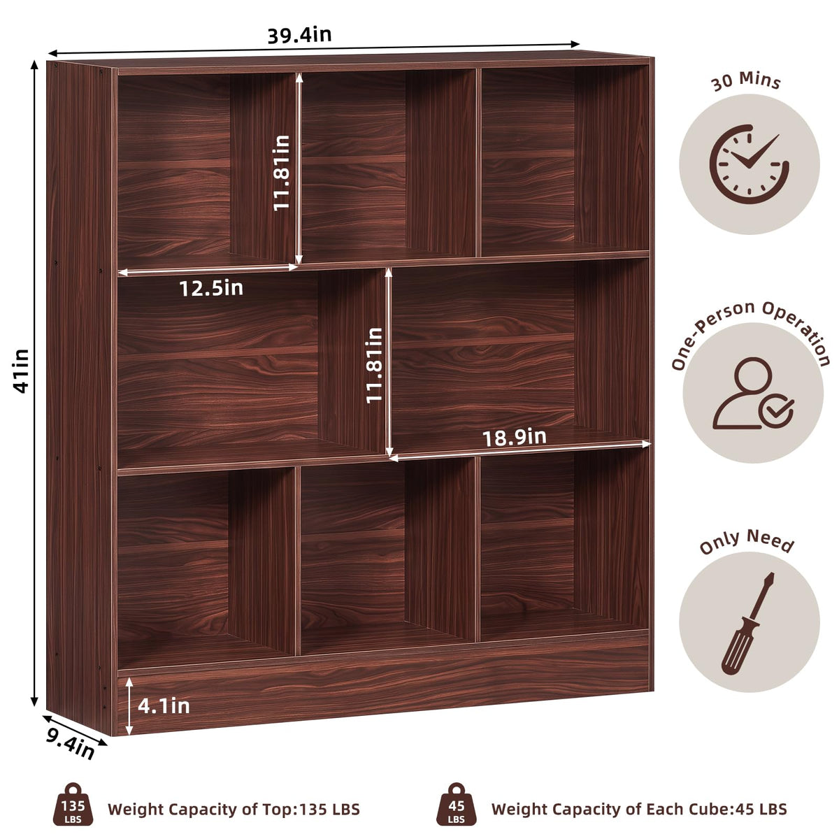 LEYAOYAO 7 Cube Bookshelf with Base,3 Tier Mid-Century Modern Blue Bookcase,Standing Wide Bookshelves Storage Organizer Shelf,Rustic Wood Display Cabinet Book Shelves for Bedroom,Living Room,Office