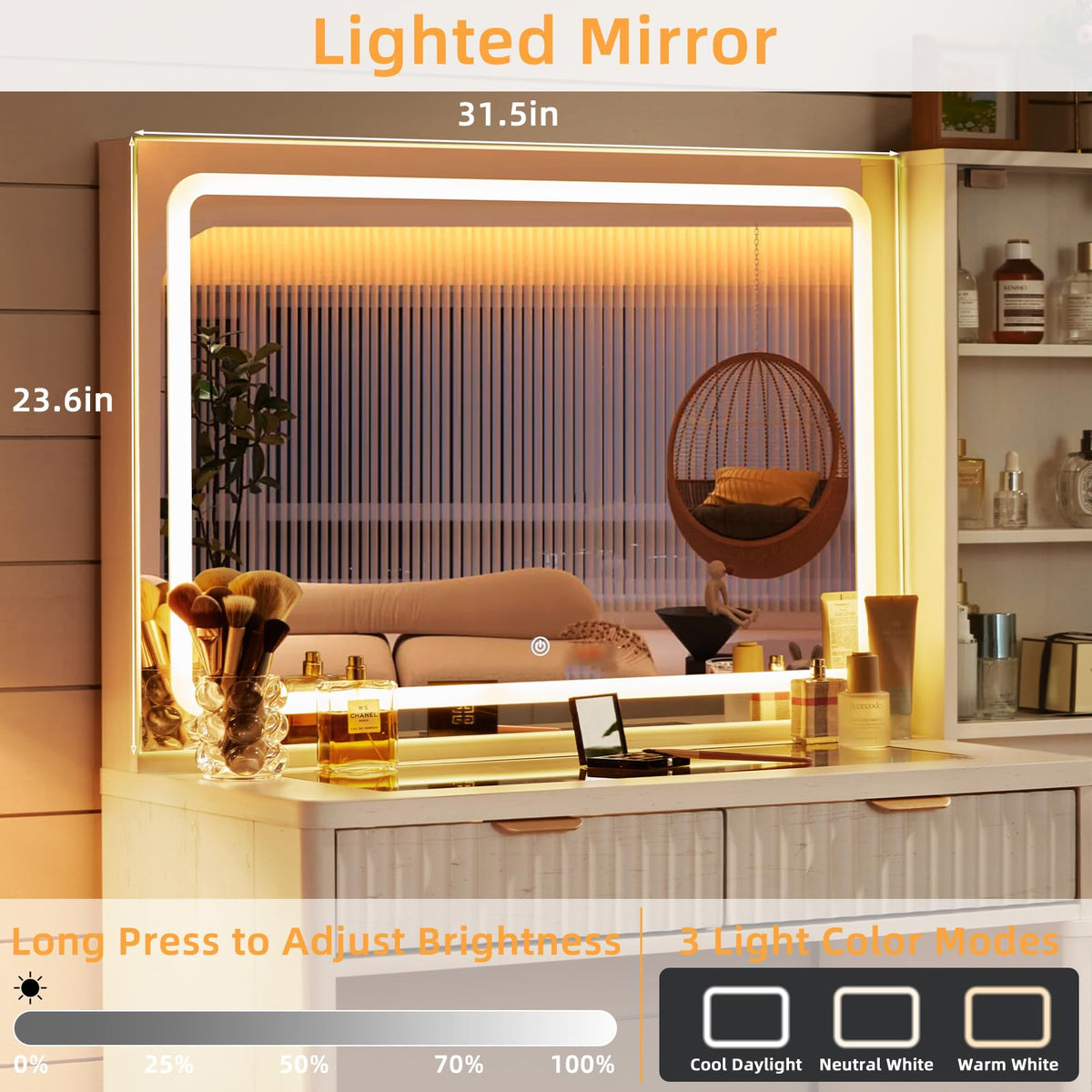 LEYAOYAO Vanity Mirror with Lights and Night Stand Sets, 43.5" Fluted Makeup Vanity with 6 Drawers and Power Outlet, 3 Drawers 23" End Side Table, Natural Wood Makeup Table Bedroom Furniture Set of 2